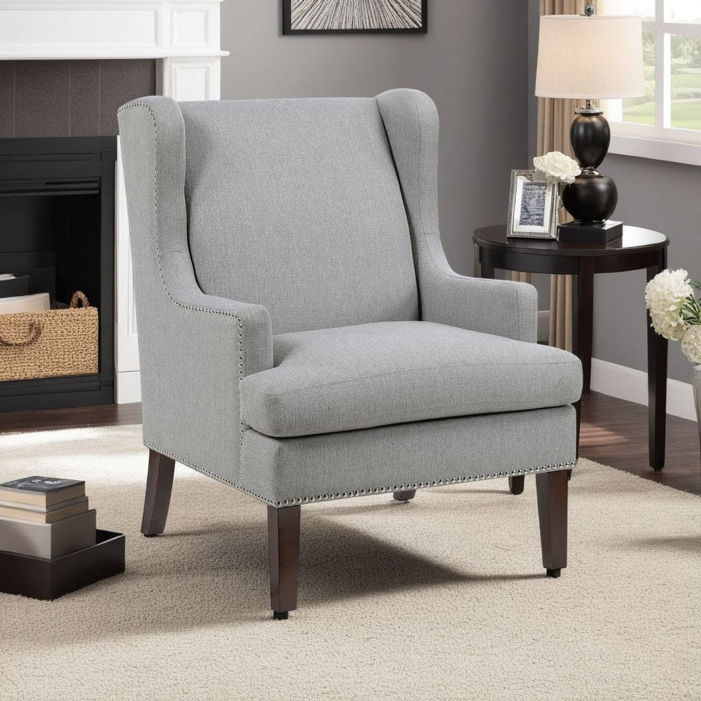 Rossana Accent Wing Armchair | Gray Polyester | Brown Wood | Nailhead