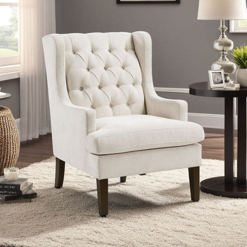 Hosanna Accent Wing Armchair | Button Tufted Beige Polyester | Brown