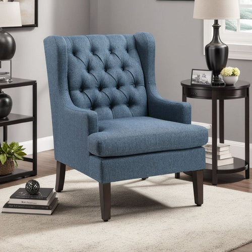 Hosanna Accent Wing Armchair | Button Tufted Blue Polyester | Brown