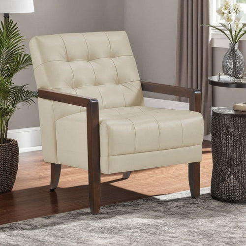 Lenie Accent Armchair | Button Tufted Beige Leather Walnut Brown Wood