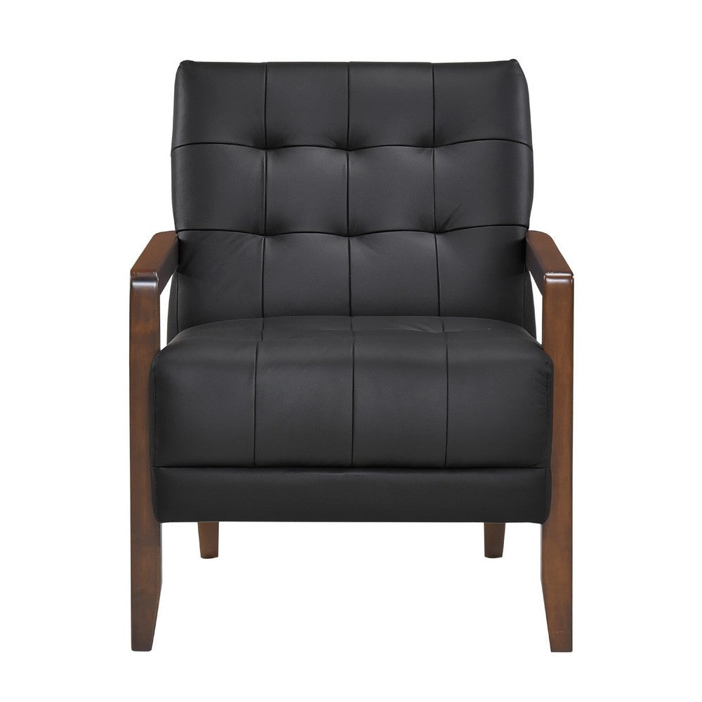 Lenie Accent Armchair | Button Tufted Black Leather Walnut Brown Wood