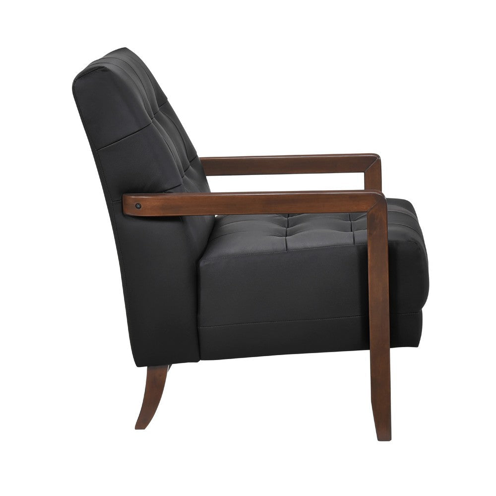 Lenie Accent Armchair | Button Tufted Black Leather Walnut Brown Wood