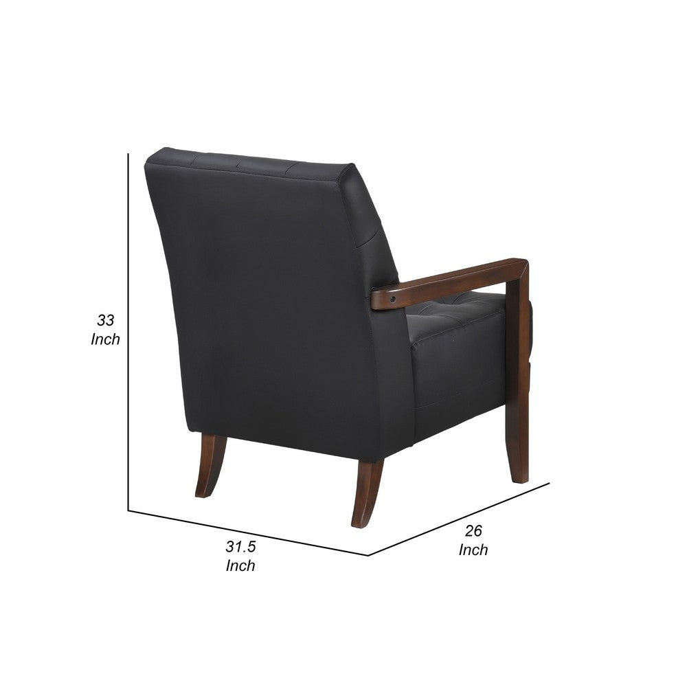 Lenie Accent Armchair | Button Tufted Black Leather Walnut Brown Wood