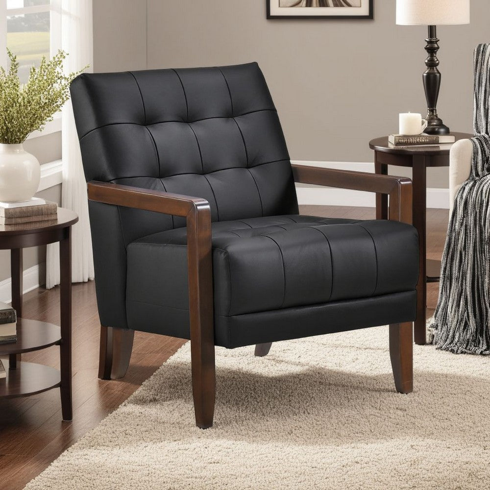Lenie Accent Armchair | Button Tufted Black Leather Walnut Brown Wood