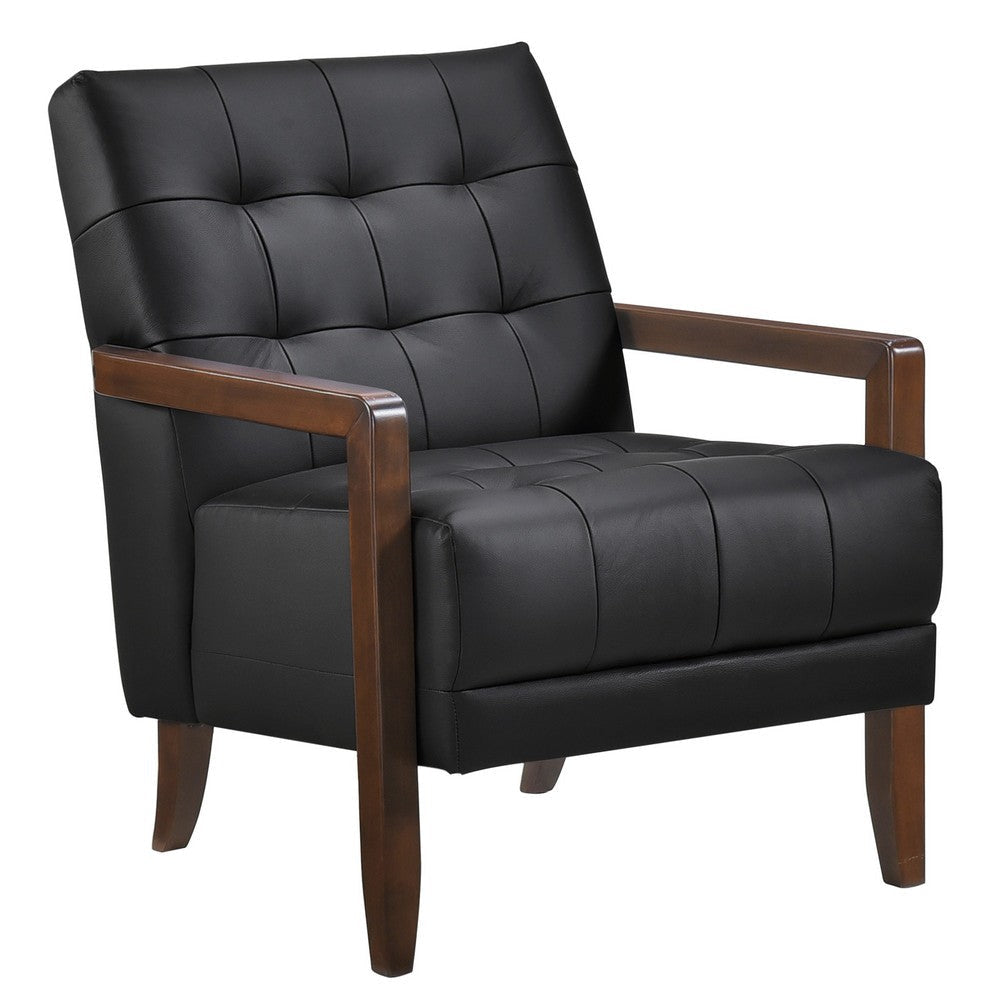 Lenie Accent Armchair | Button Tufted Black Leather Walnut Brown Wood