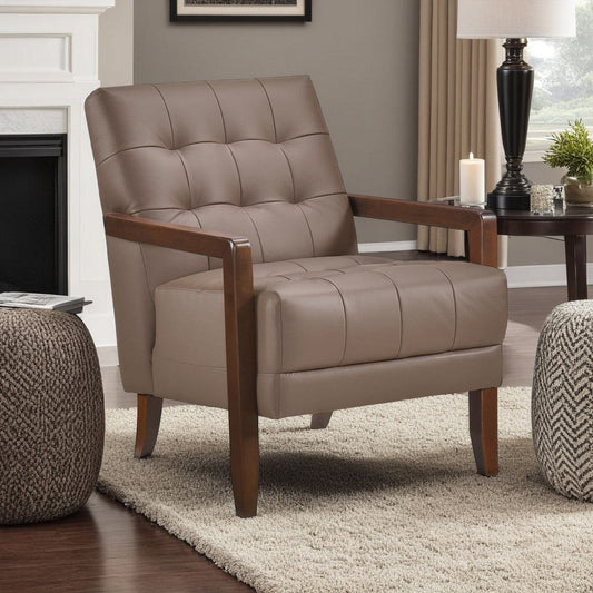 Lenie Accent Armchair | Button Tufted Brown Leather Walnut Brown Wood