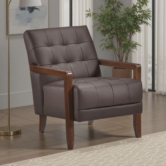 Lenie Accent Armchair | Button Tufted Dark Brown Leather | Wood Frame
