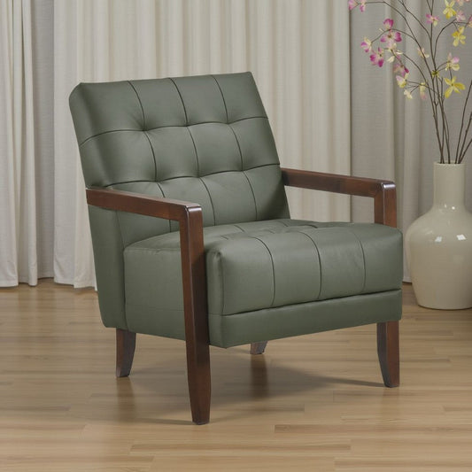 Lenie Accent Armchair | Button Tufted Green Leather Walnut Brown Wood