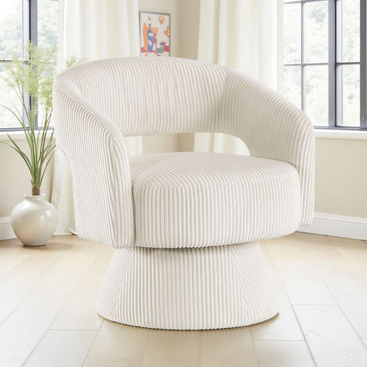 Rayne Swivel Accent Chair | Ivory Corduroy | Round Metal Swivel Base