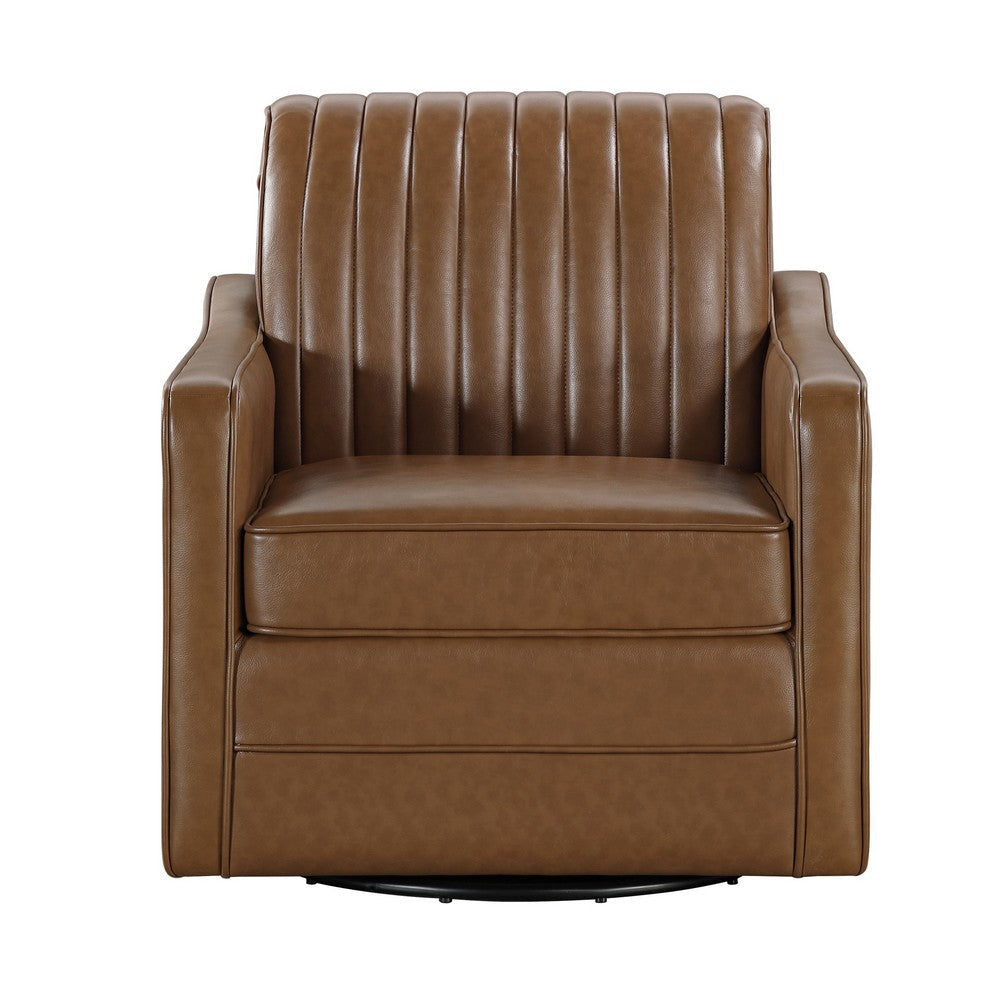 Vemy Swivel Chair | Vertical Channel Tufted Back | Brown Faux Leather BM336016