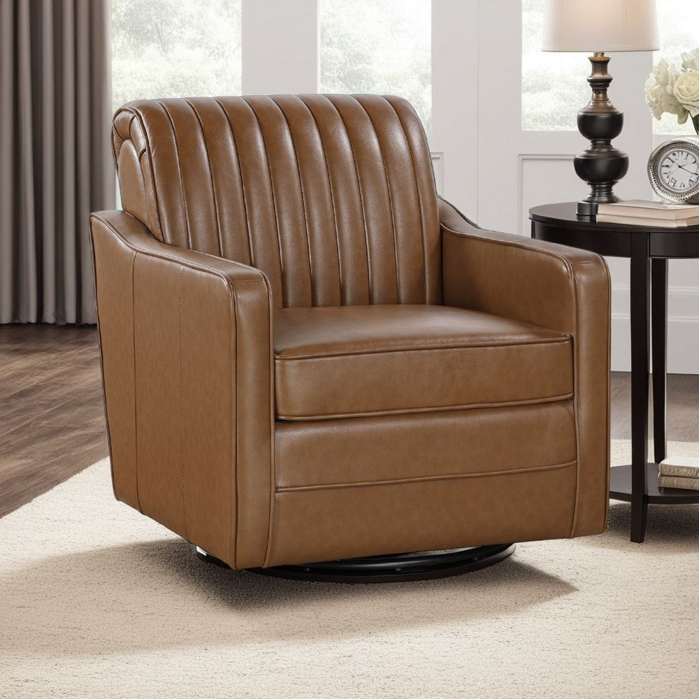 Vemy Swivel Chair | Vertical Channel Tufted Back | Brown Faux Leather