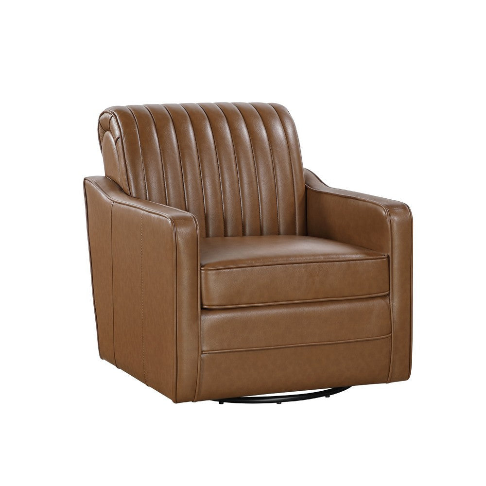 Vemy Swivel Chair | Vertical Channel Tufted Back | Brown Faux Leather