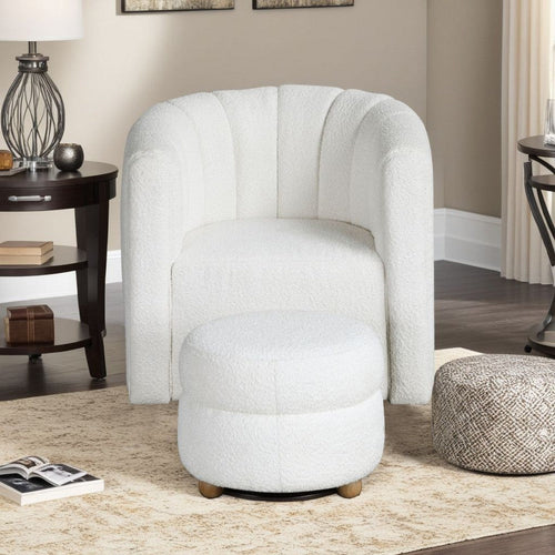Noa Swivel Chair and Ottoman | Channel Tufted Curved Back White Boucle