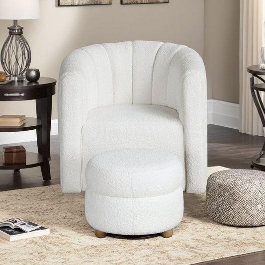Noa Swivel Chair and Ottoman | Channel Tufted Curved Back White Boucle