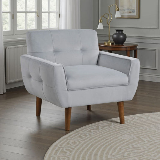 Roa Accent Armchair | Light Gray Velvet | Tufted Back w Tapered Legs