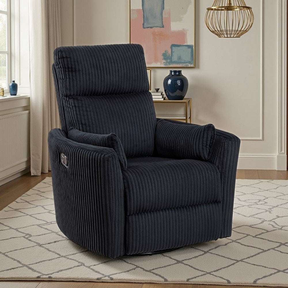 Rix Swivel Glider Recliner Chair w 2 Lumbar Pillows | Black Corduroy
