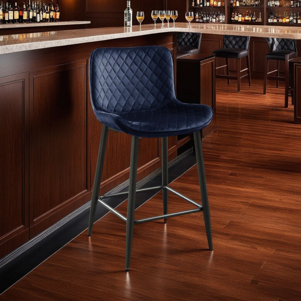Aniya Counter Stool Chair Set of 2 | Black Metal | Dark Blue Velvet