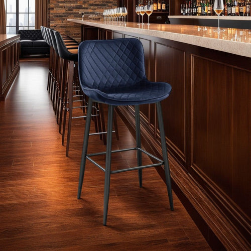 Aniya Bar Stool Chair Set of 2 | Black Metal Legs | Dark Blue Velvet