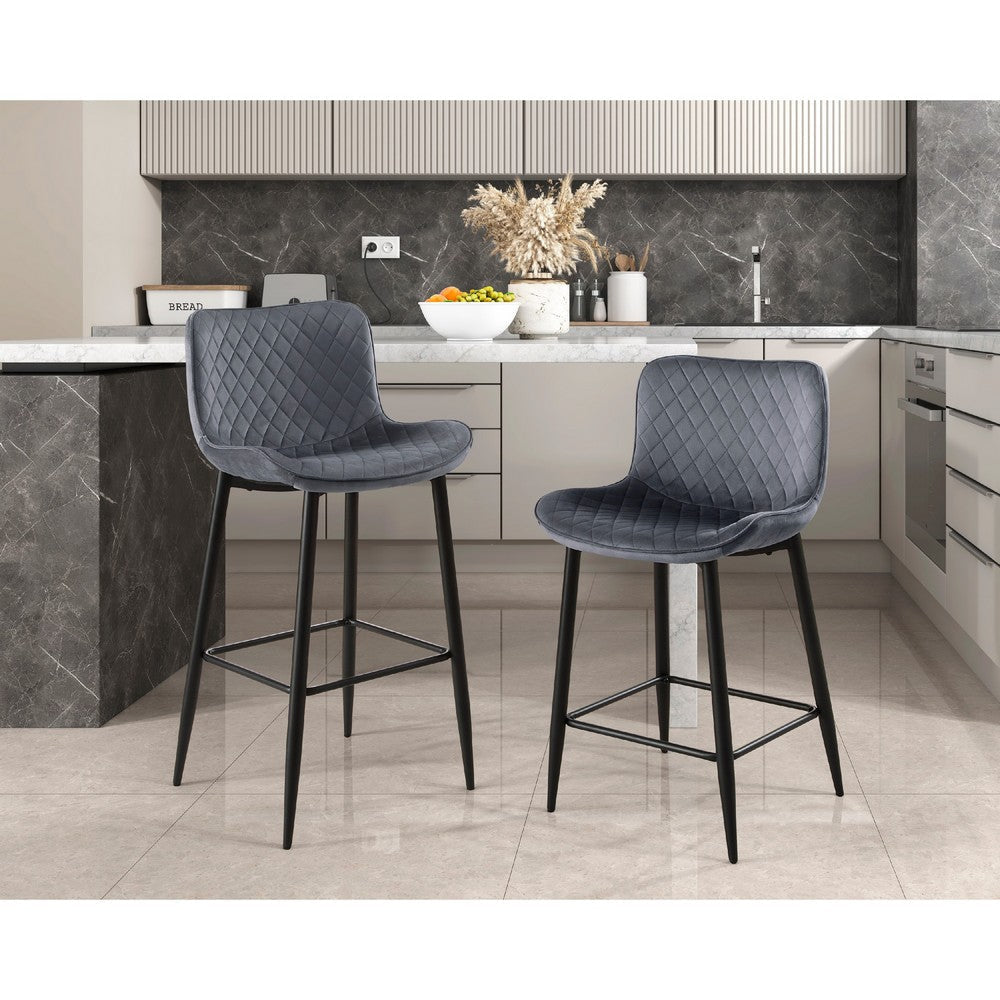 Aniya Bar Stool Chair Set of 2 | Black Metal Legs | Dark Gray Velvet BM336045