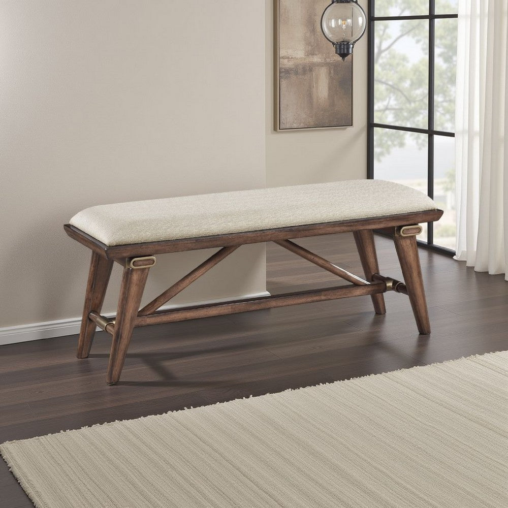 Manny Bench with Brown Angled Legs | Cream Textured Polyester | 47"