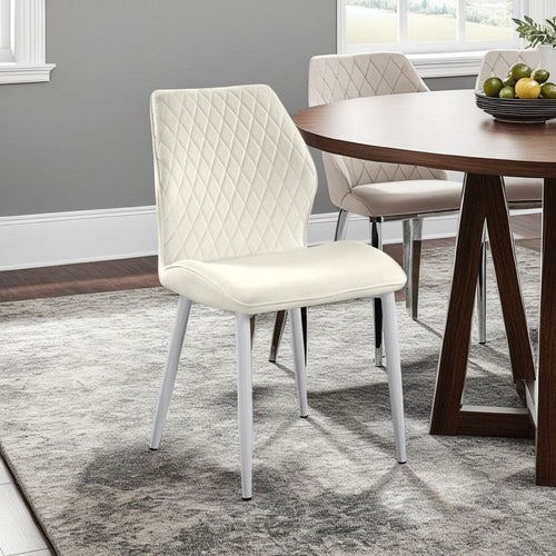 Bailey Dining Chair Set of 2 | White Metal Beige Diamond Quilt Velvet