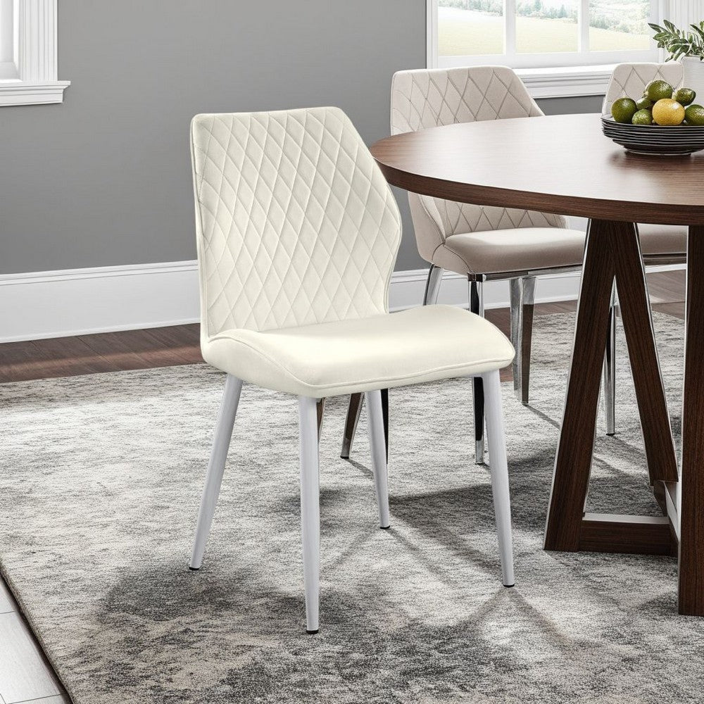 Bailey Dining Chair Set of 2 | White Metal Beige Diamond Quilt Velvet