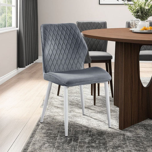 Bailey Dining Chair Set of 2 | White Metal Gray Diamond Quilted Velvet