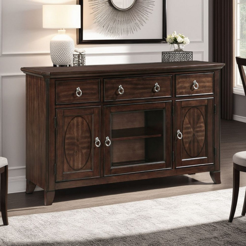 Rinie Sideboard Buffet Console | 3 Drawer 3 Cabinet Cherry Brown Wood