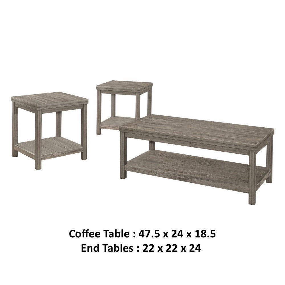 Rie 3pc Coffee Table Set with 2 End Tables | Lower Shelves | Gray Wood BM336083