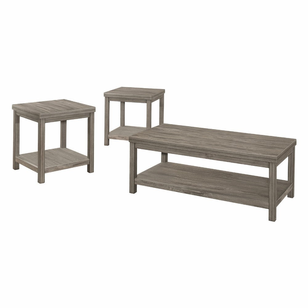 Rie 3pc Coffee Table Set with 2 End Tables | Lower Shelves | Gray Wood