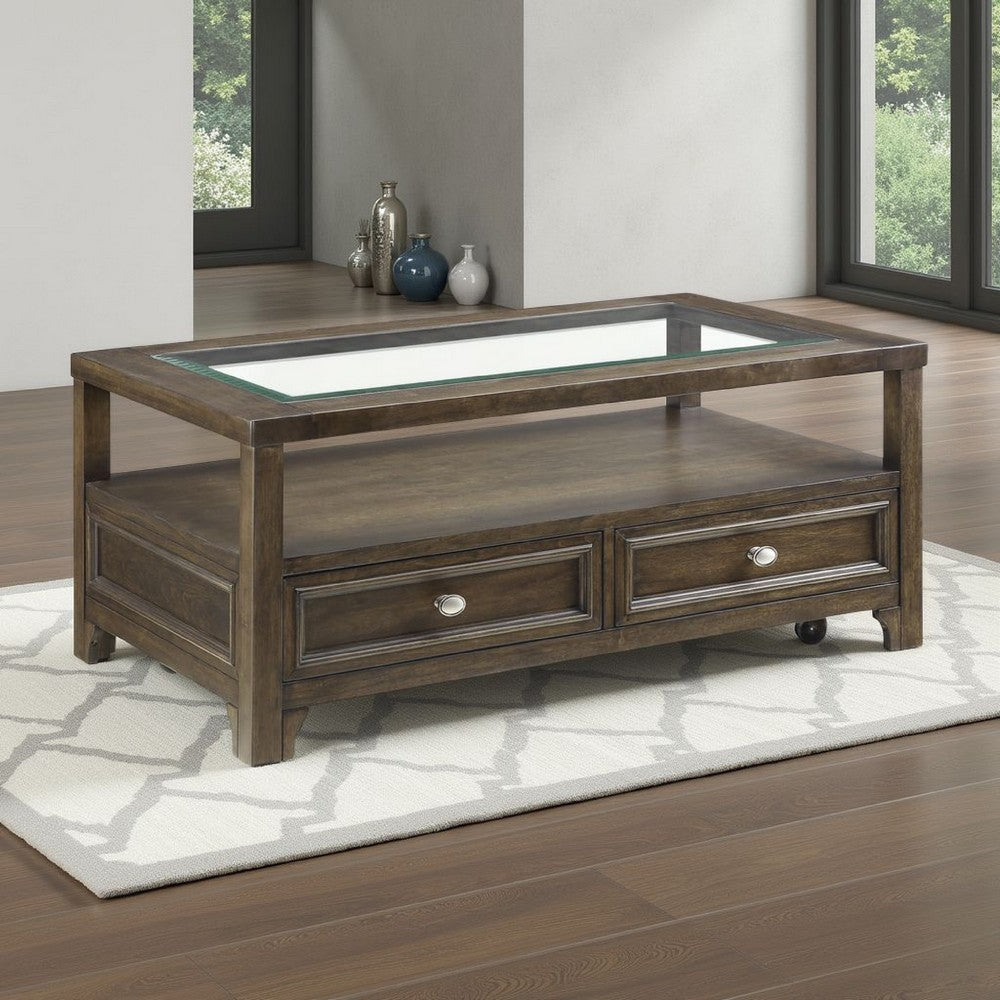Berny Coffee Table | 2 Drawer and Glass Top | Charcoal Gray 46"
