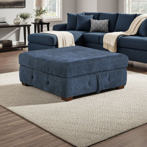 Rez Storage Ottoman | 40" | Tufted Blue Chenille Cushion