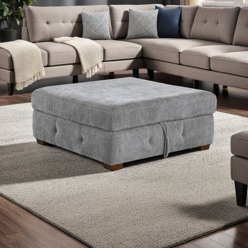 Rez Storage Ottoman | 40" | Tufted Gray Chenille Cushion
