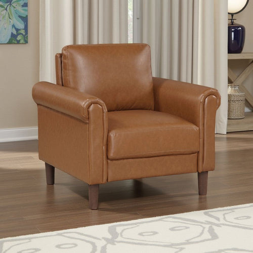 Lo Accent Armchair w Rolled Arms | Mid Century Brown Faux Leather