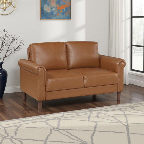 Lo Loveseat w Rolled Arms | Mid Century Brown Faux Leather 57"