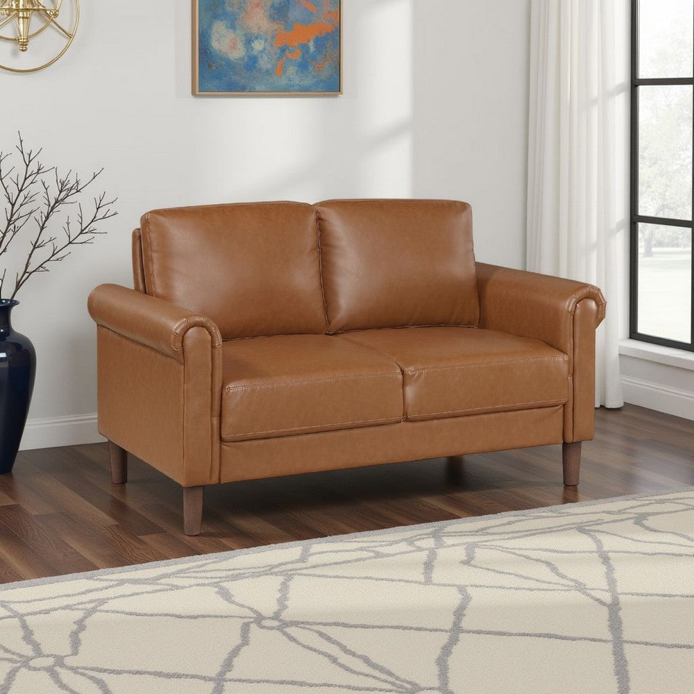 Lo Loveseat w Rolled Arms | Mid Century Brown Faux Leather 57"