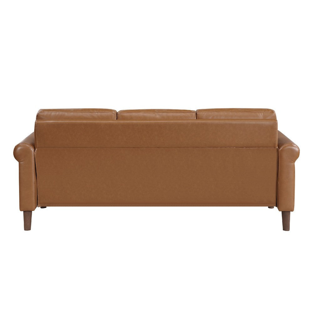 Lo Sofa w Rolled Arms | Mid Century Brown Faux Leather 79’’