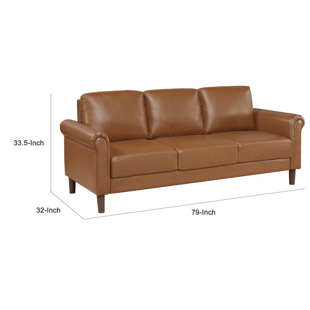 Lo Sofa w Rolled Arms | Mid Century Brown Faux Leather 79’’