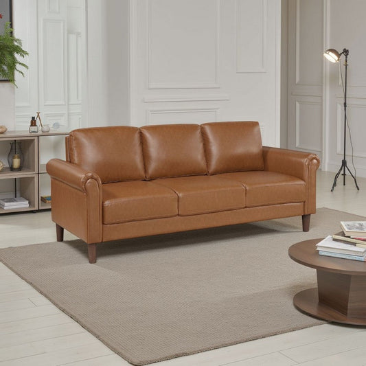 Lo Sofa w Rolled Arms | Mid Century Brown Faux Leather 79"