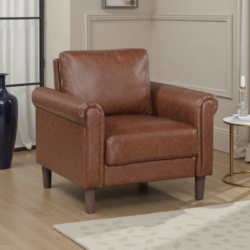 Lo Accent Chair w Rolled Arms | Mid Century Dark Brown Faux Leather