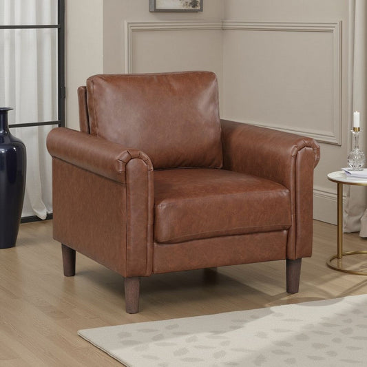 Lo Accent Chair w Rolled Arms | Mid Century Dark Brown Faux Leather