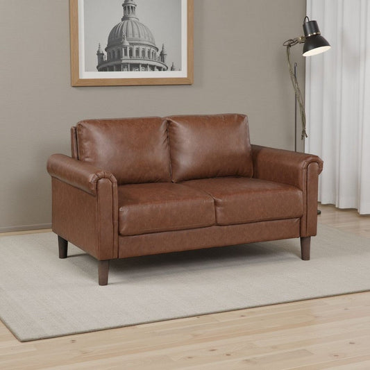 Lo Loveseat w Rolled Arms | Mid Century Dark Brown Faux Leather 57"