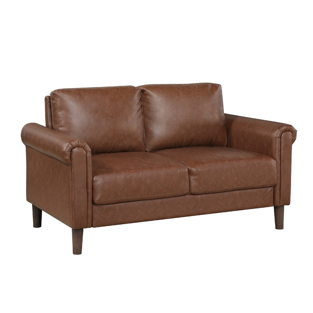 Lo Loveseat w Rolled Arms | Mid Century Dark Brown Faux Leather 57"