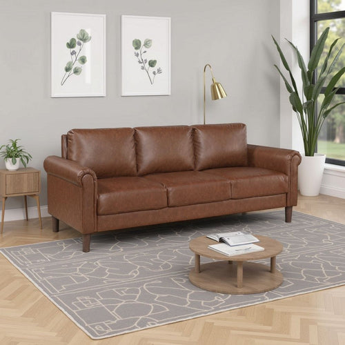 Lo Sofa w Rolled Arms | Mid Century Dark Brown Faux Leather 79"