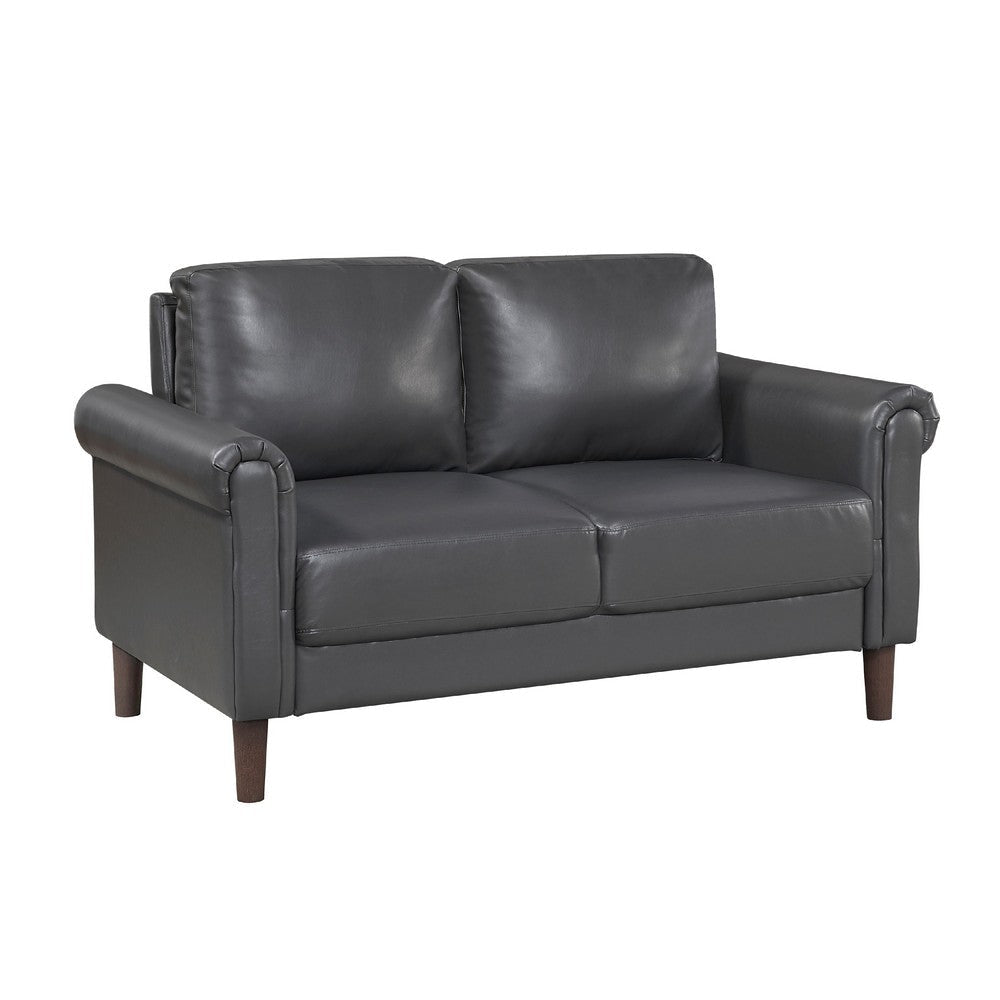 Lo Loveseat w Rolled Arms | Midcentury Dark Gray Faux Leather 57"