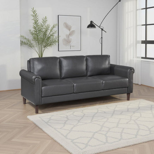 Lo Sofa w Rolled Arms | Midcentury Dark Gray Faux Leather 79"