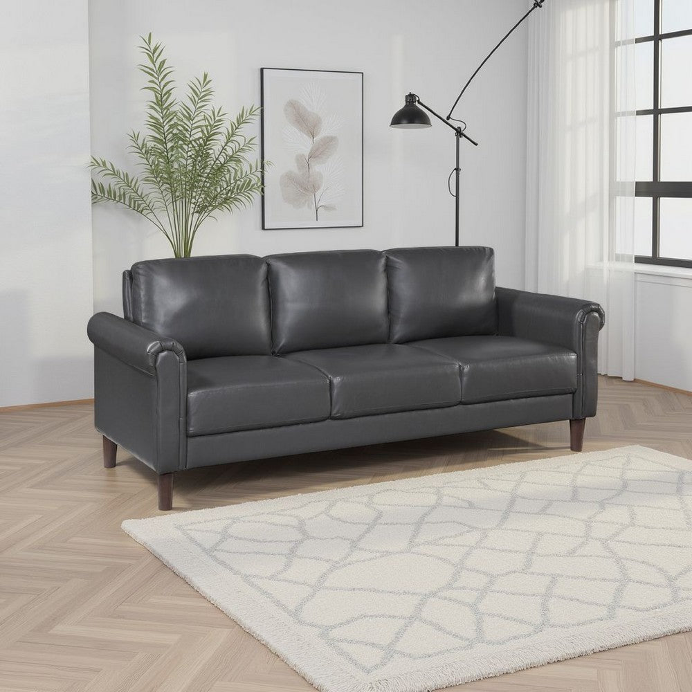Lo Sofa w Rolled Arms | Midcentury Dark Gray Faux Leather 79"