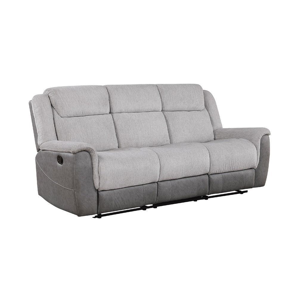 Feo Manual Reclining Sofa w Console | White Gray Microfiber 86"