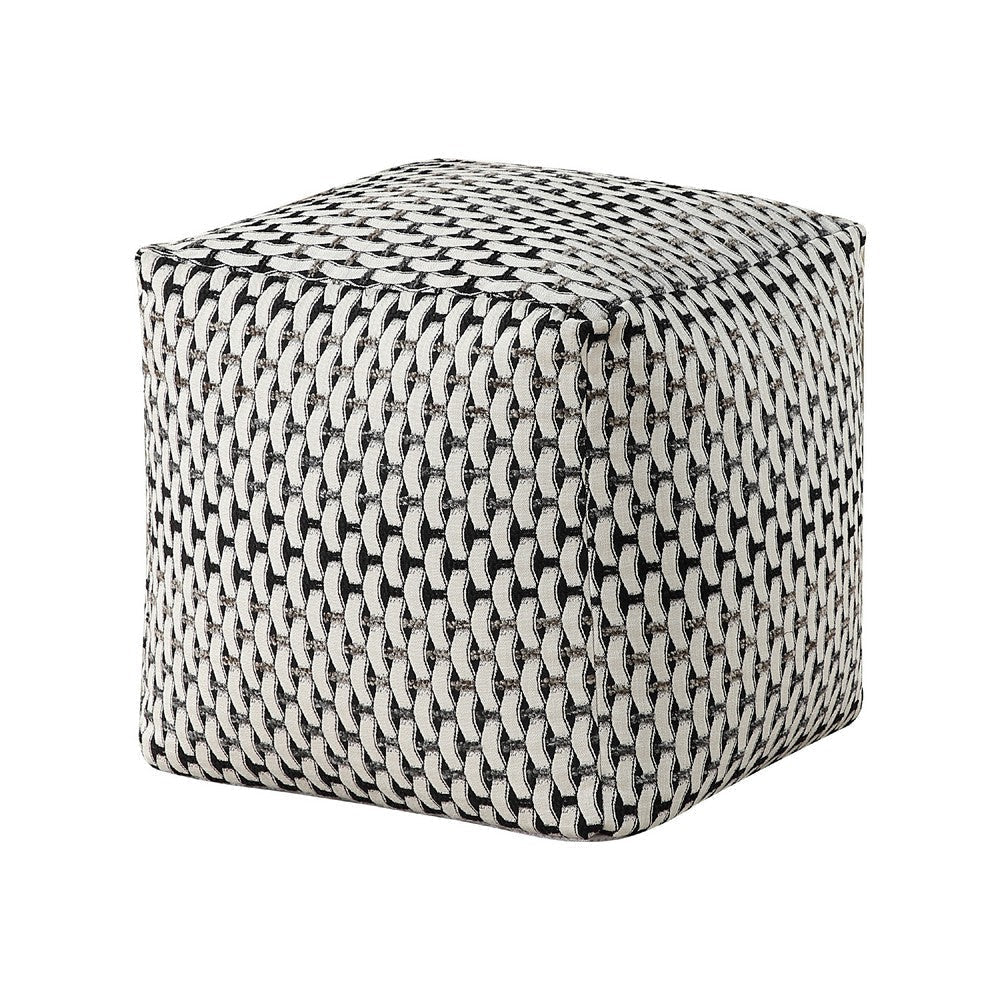 Modern Pouf Ottoman | Black White Basket Woven Jacquard | 16’’ Square BM336167