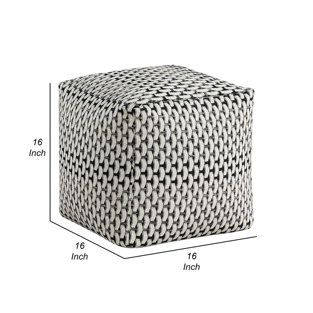 Modern Pouf Ottoman | Black White Basket Woven Jacquard | 16’’ Square BM336167